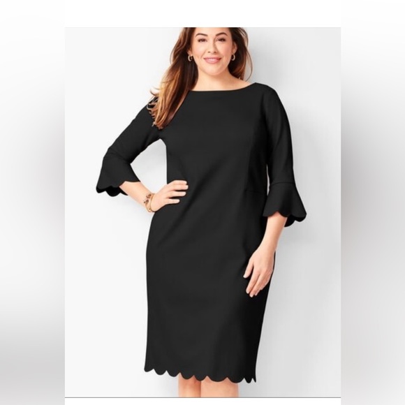 Talbots LBD black sheath dress back zip w/ scallop bell sleeve W/ Garment Bag! - Picture 4 of 9